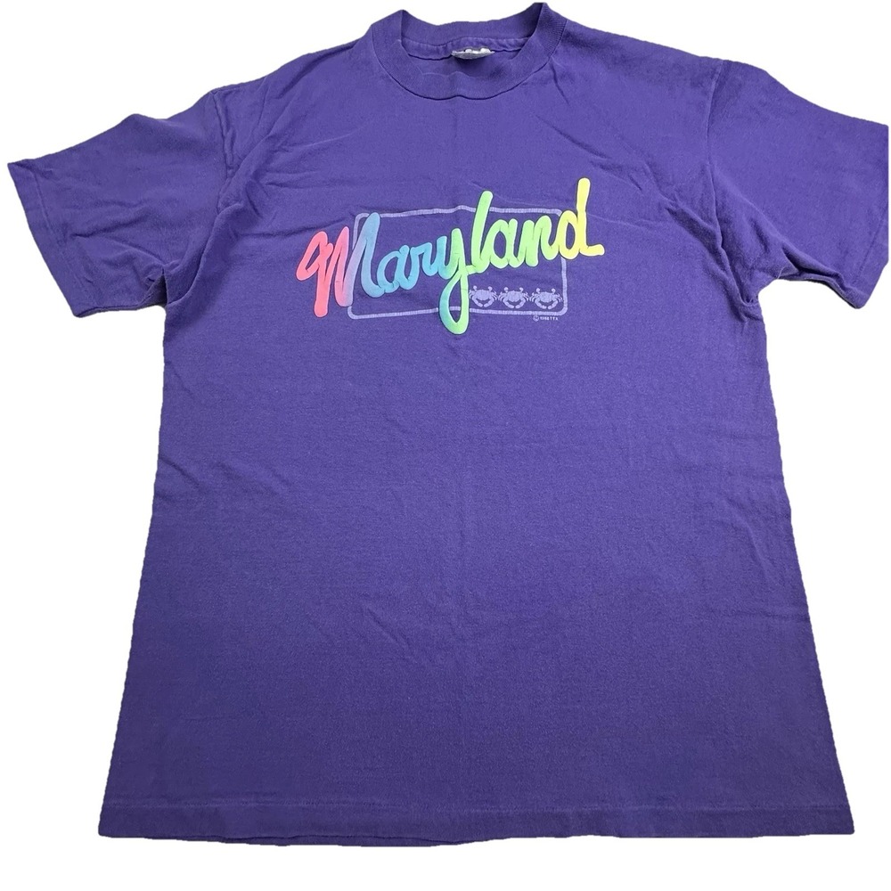 Vtg 80s 1988 Single Stitch Maryland‎ T Shirt Purple Neon Puff Paint Large